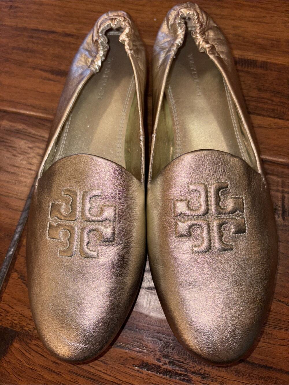 TORY BURCH Metallic Leather Lowell Driving Loafers Gold Tone Logo Size 8